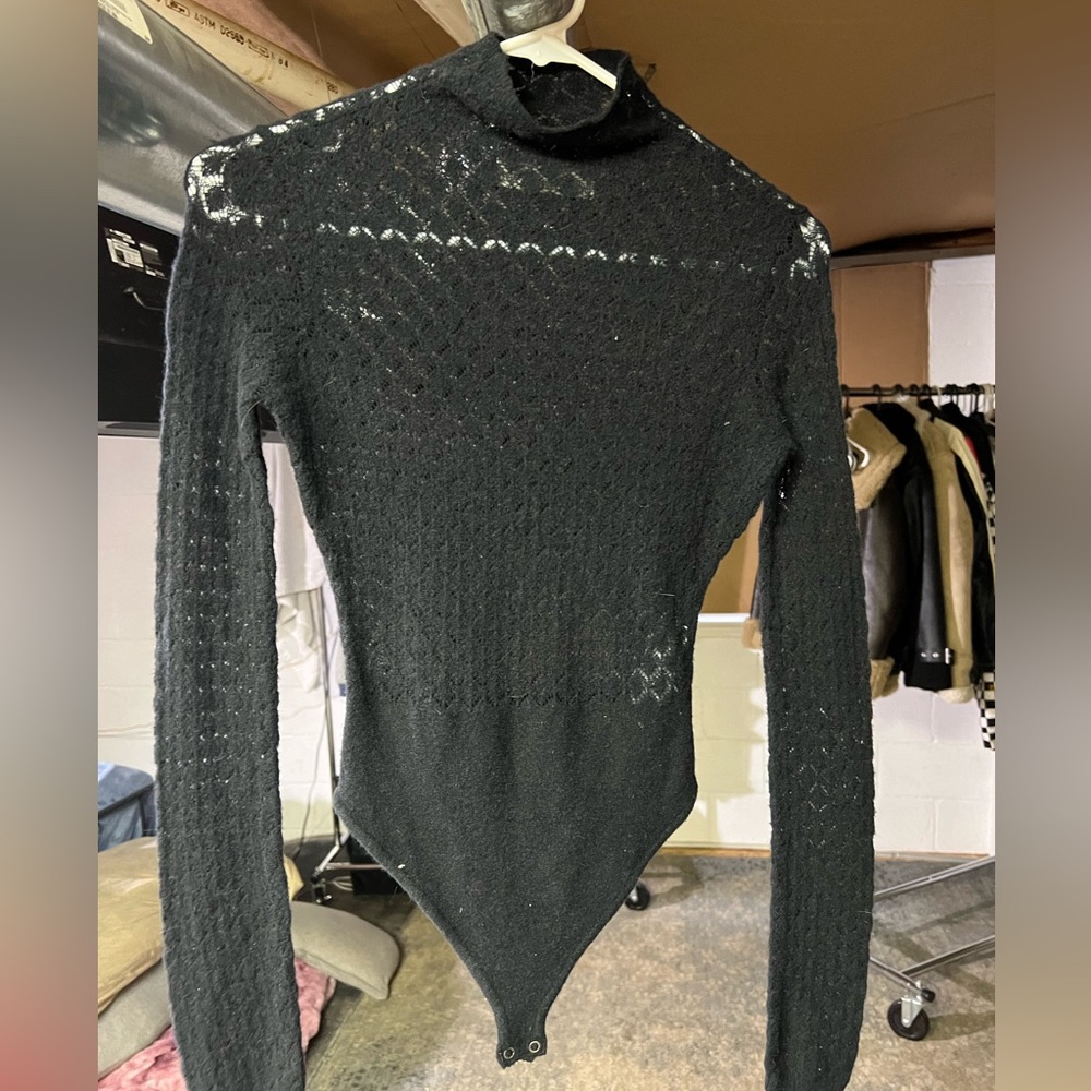 see through wool-blend mesh black body suit